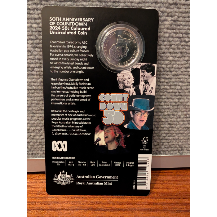 2024 50c 50th Anniversary Of Countdown Coloured Unc Coin In Card
