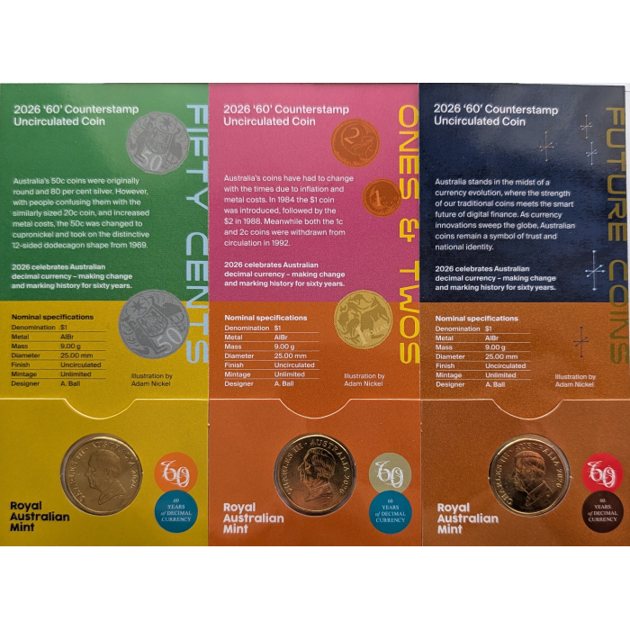BUNDLE OF 5 x 2026 $1 UNC Counterstamp Coins - 60 Years Decimal Currency