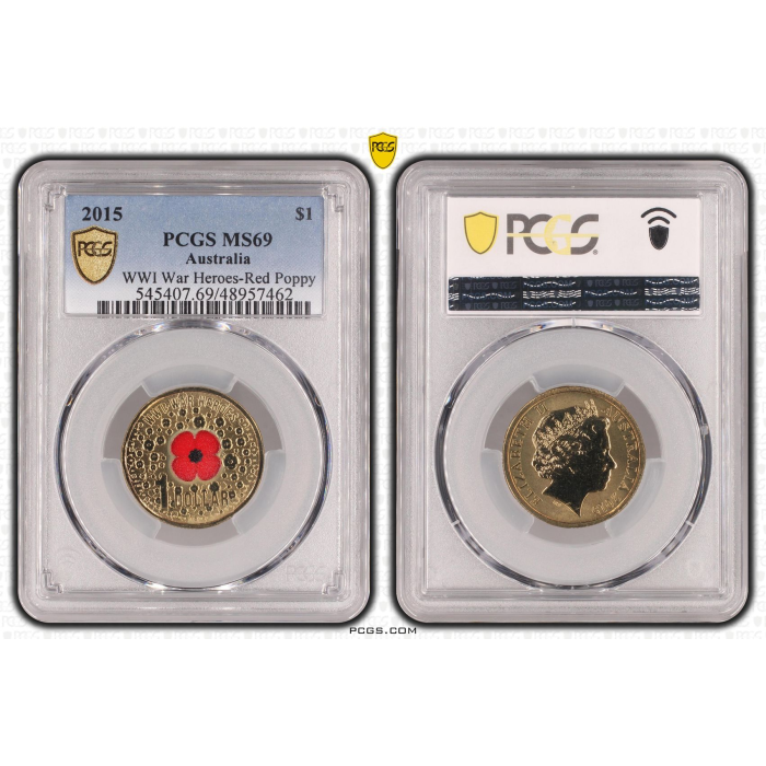 2015   $1 WWI WAR HEROES RED POPPY COLORIZED   PCGS MS69 ***TOP POP**