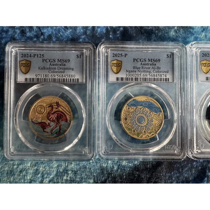 2024 $1 Kalkadoon + 2025 $1 Green Emu  $1 Black Cockatoo $1 Blue River ALL MS69