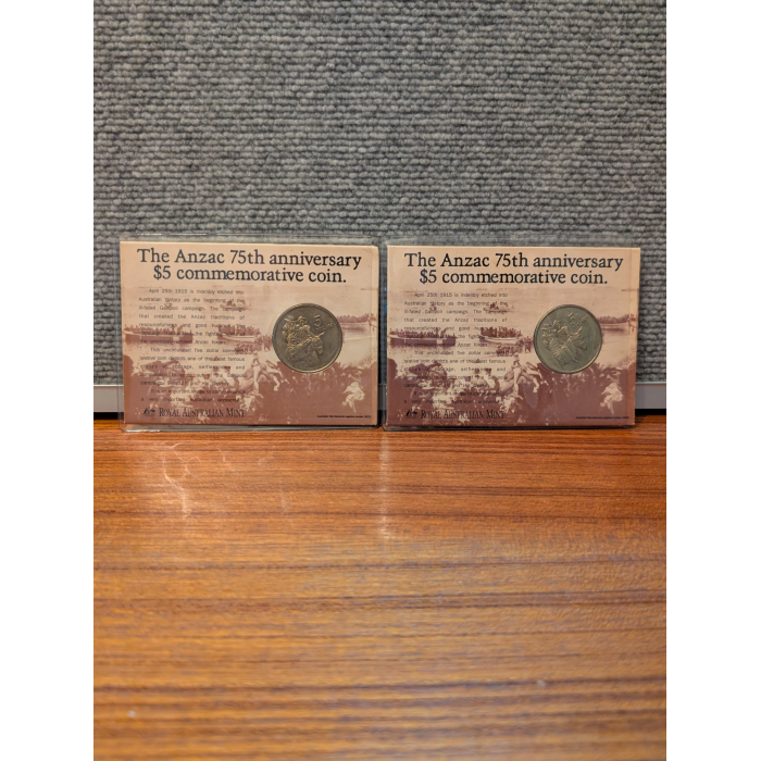 2 X 1990 Five $5 Dollar ANZAC 75TH ANNIVERSARY Uncirculated Coin UNC MINT