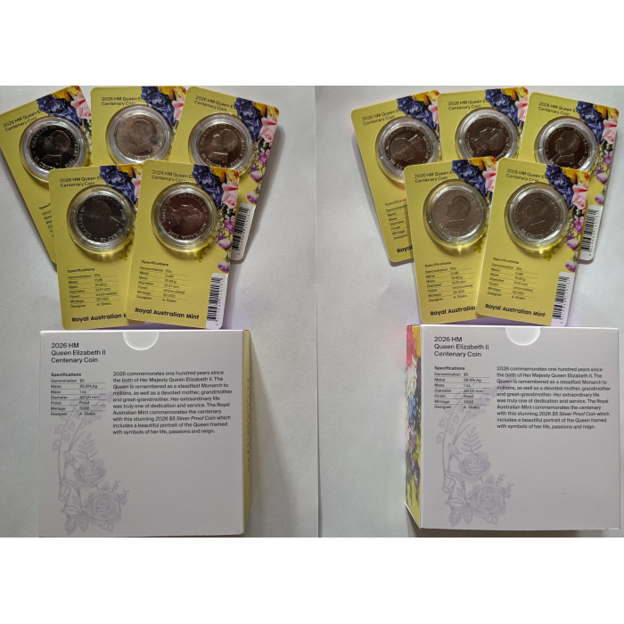 2026 Six Coin <RRP incl. Postage - QEII Centenary $5 Silver Proof & 5 x 50c UNC