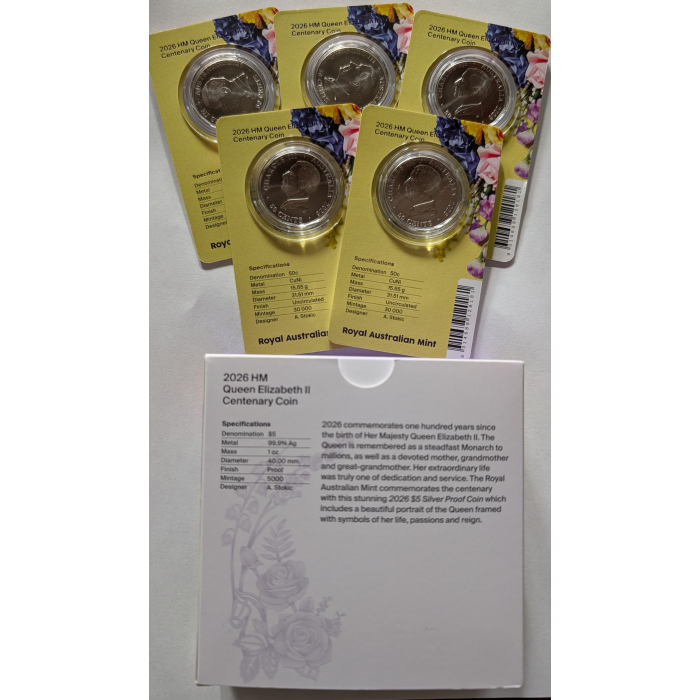 2026 Six Coin <RRP incl. Postage - QEII Centenary $5 Silver Proof & 5 x 50c UNC