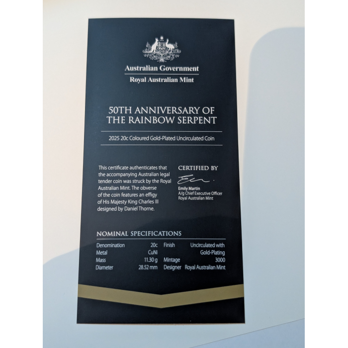 Rainbow Serpent 50th 2025 20c Colour Gold Plated Coin Special Edition Book