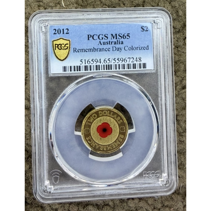 2012 $2 Red Poppy Remembrance Coin PCGS MS65 – Coloured Australia Graded Slab