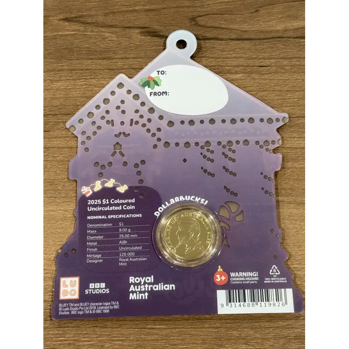 2025 $1 Coloured Uncirculated Coin – Bluey Christmas