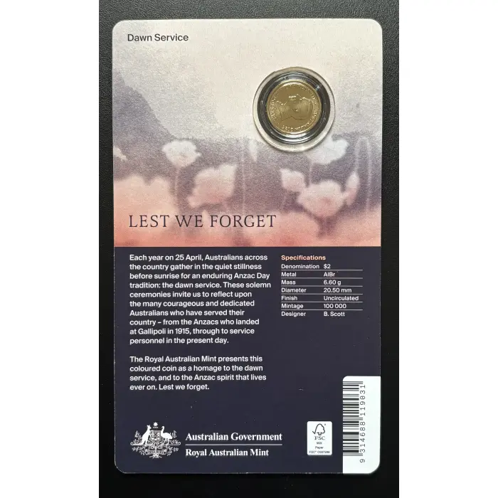 2026 DAWN SERVICE LEST WE FORGET $2 'C' MINT UNCIRCULATED COIN.