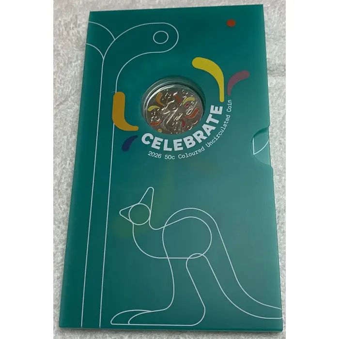 Celebrate 2026 50c coloured uncirculated coin in plastic card