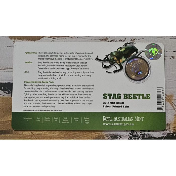 2014 $1 Bright Bugs, Stag Beetle Uncirculated Colour Printed Coin