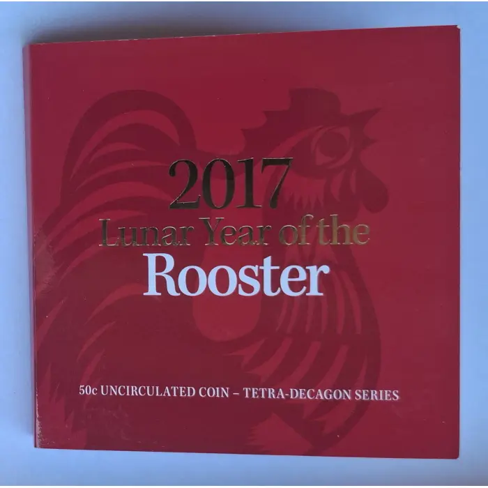 2017 50c Lunar Year Of The Rooster- Tetra-Decagonal Coin in Tri-Fold Card