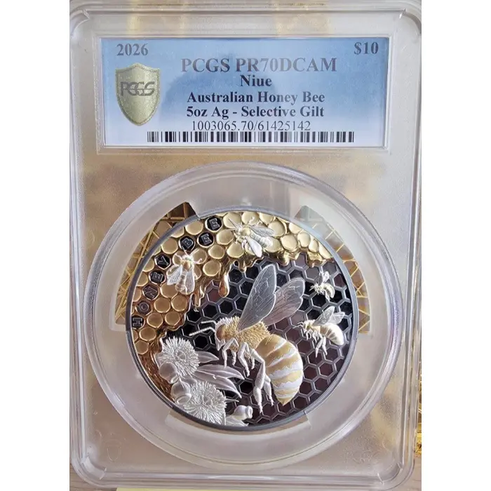2026 Niue $10 Honey Bee 5oz Gold Plated Black Silver Proof coin. GRADED PR70DCAM