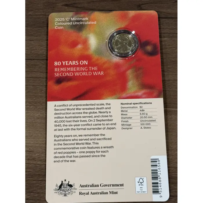 2025 Poppy Wreath 80th Anniversary WWII 'C' Mintmark $2 Coloured Coin in Card