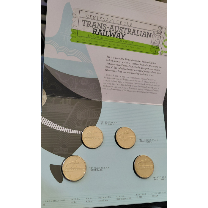  2017 One Dollar ($1) Trans-Australian Railway B, C, M, S 4 Coin Set UNC