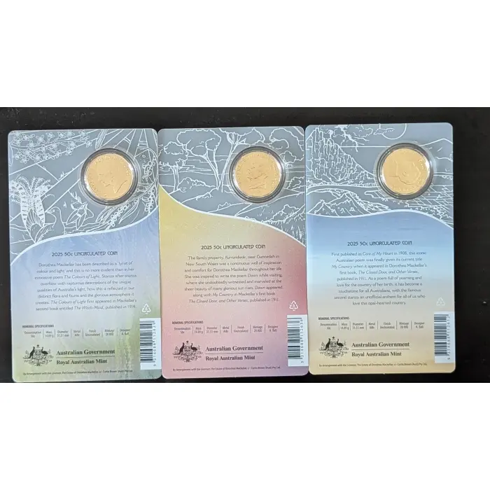 2025 Australia Dorothea Mackellar Uncirculated 50c Three Coin in Card  Set