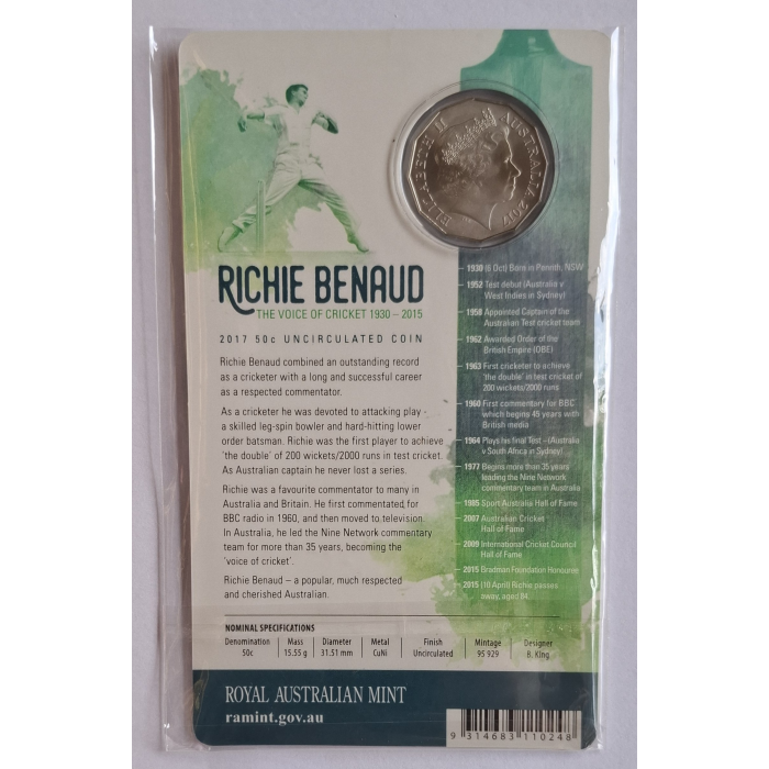 2017 50c Richie Benaud- The Voice Of Cricket Carded Coin