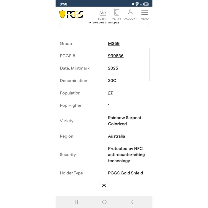 2025 rainbow serpent pcgs MS69 *POP HIGH 1*