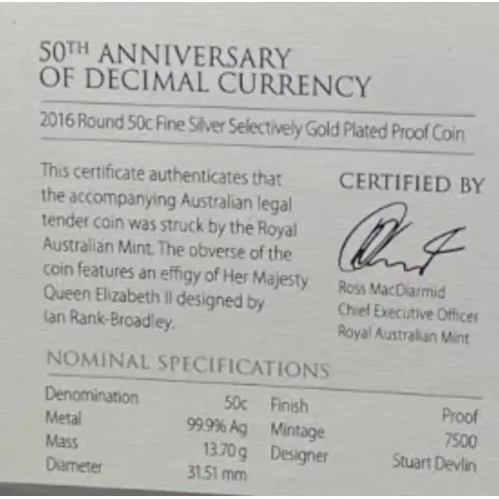 2016 50th Anniversary of Decimal Currency Silver round 50-cent  w/gold-plated 