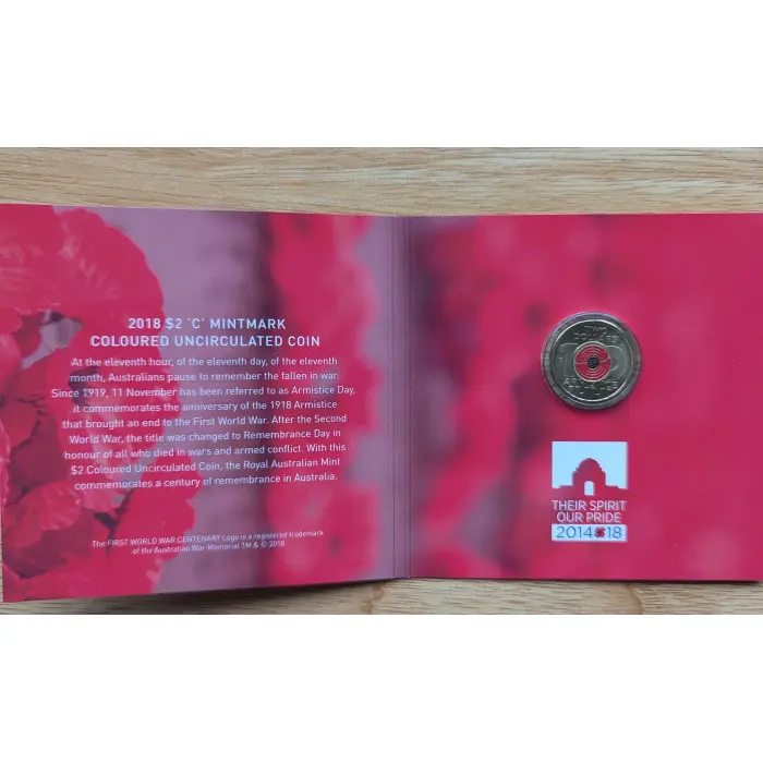 2018 $2 C Mintmark Colour Uncirculated Remembrance Day Armistice Centenary