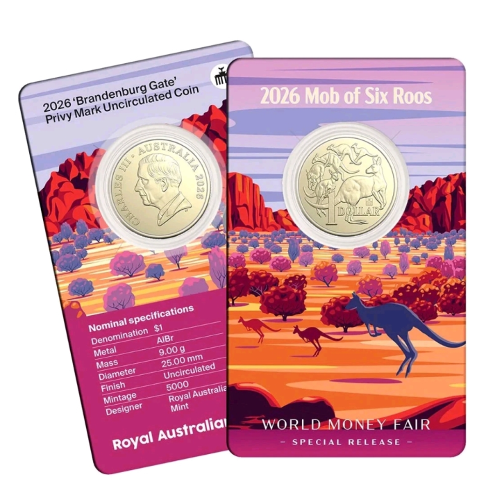 20262022026 $1 Berlin WMF Mob of Six Roos Brandenburg Gate Privy Mark Coin