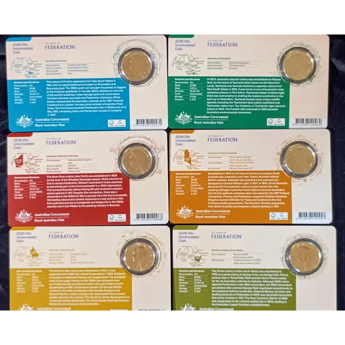 125 Years of Federation - 2026 Uncirculated 25c Coin - 6 State Bundle +FREE POST