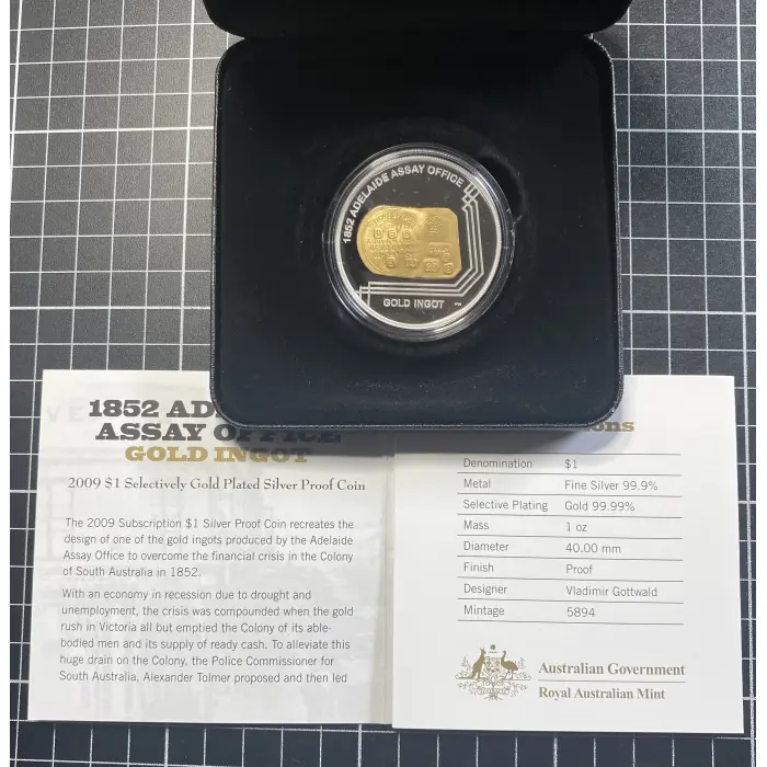 1 Oz 2009 RAM 1852 Adelaide Assay Office Gold Ingot $1 Gold Plated Fine Silver
