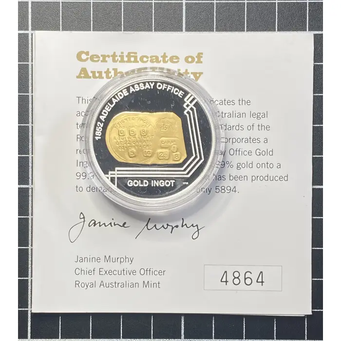1 Oz 2009 RAM 1852 Adelaide Assay Office Gold Ingot $1 Gold Plated Fine Silver