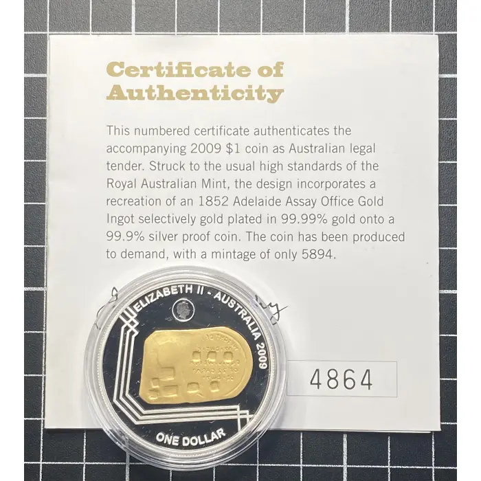 1 Oz 2009 RAM 1852 Adelaide Assay Office Gold Ingot $1 Gold Plated Fine Silver