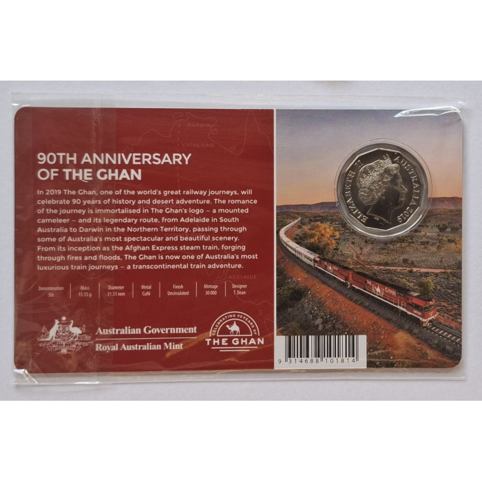2019 50c The Ghan- 90th Anniversary Carded Coin