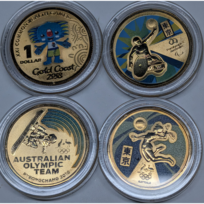 2018 & 2020 (Four) $1 Commonwealth/Olympics Games Coloured FRUNC Coin - Bundle