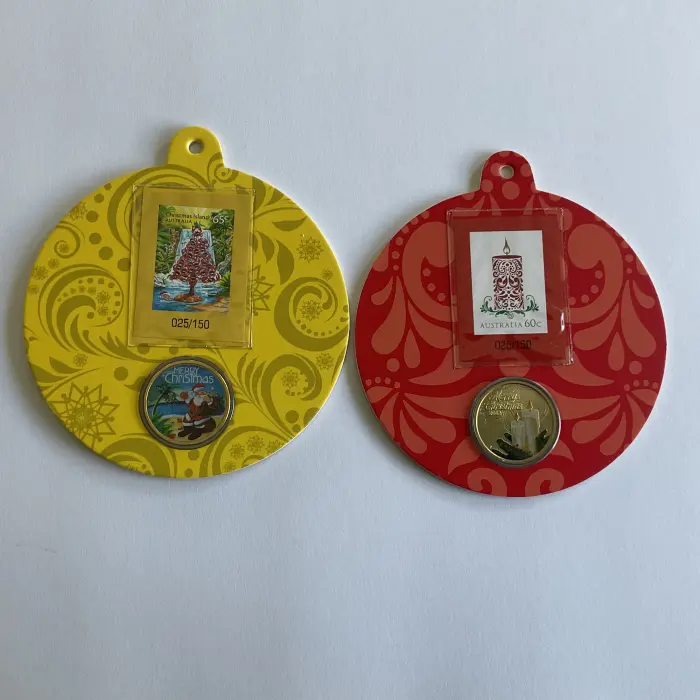 Set of 2 Impressions Xmas Decorations Coin and Stamp Limited Ed Inc 2013 & 2015 