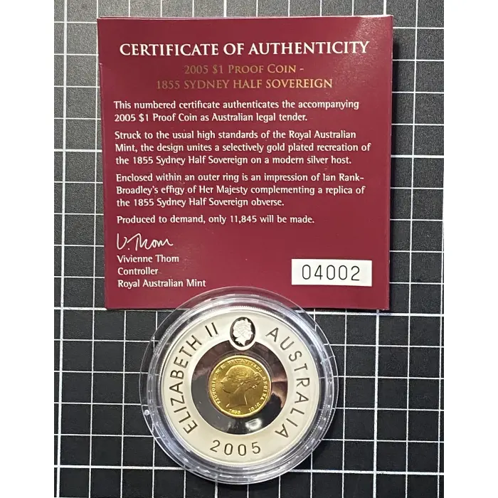 1.94 Oz (60.5 g) 2005 RAM Subscription Gold Plated 1855 Sydney Half Sovereign $1