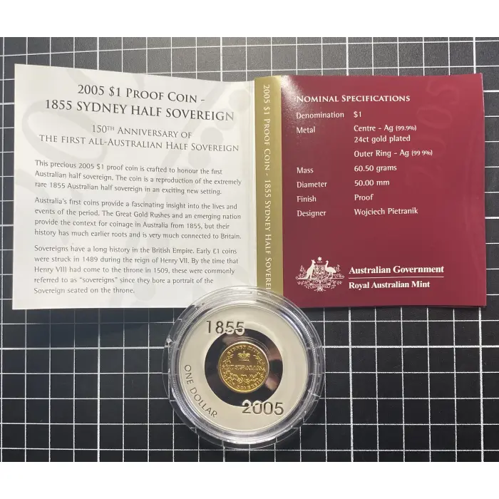 1.94 Oz (60.5 g) 2005 RAM Subscription Gold Plated 1855 Sydney Half Sovereign $1
