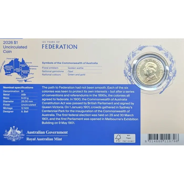 2026 $1 125 Years of Federation Carded Coin