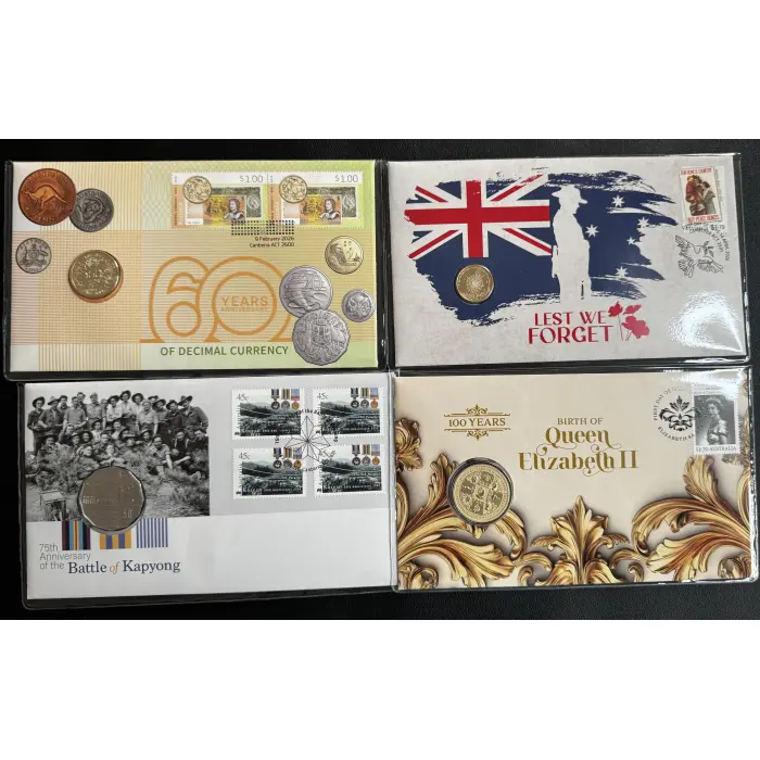 4 x 2026 Assortment PNC’s Includes $2 Dawn, $1 Queen, $1  60 yrs , 50c Kapyong