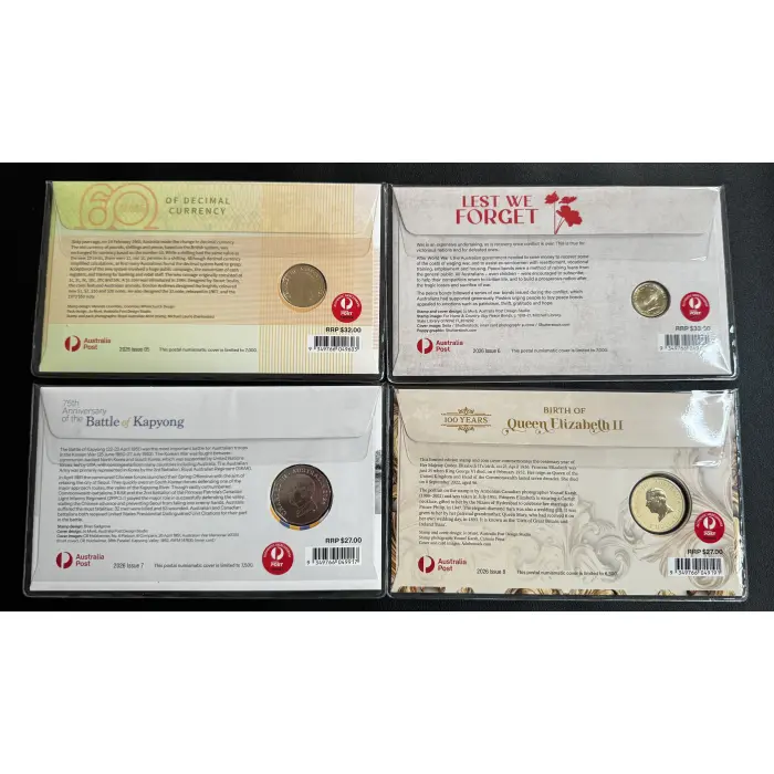 4 x 2026 Assortment PNC’s Includes $2 Dawn, $1 Queen, $1  60 yrs , 50c Kapyong