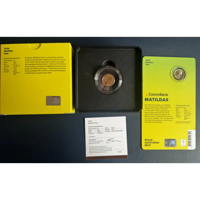  2026 $2 Matilda’s Soccer Proof coin and $2 on RAM card