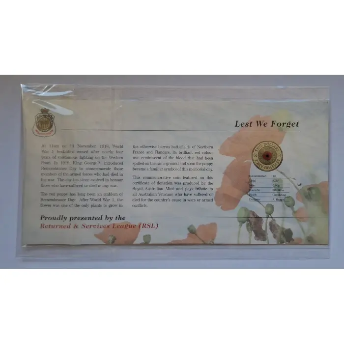 2012 $2 Remembrance Day 'Red Poppy' on RSL Card