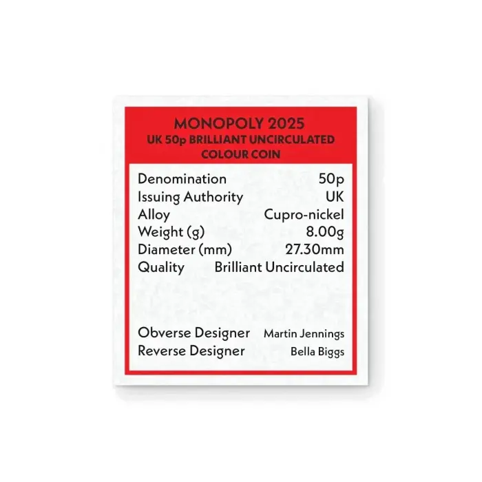 2025 Royal Mint Monopoly 50p Colour Brilliant Uncirculated Coin