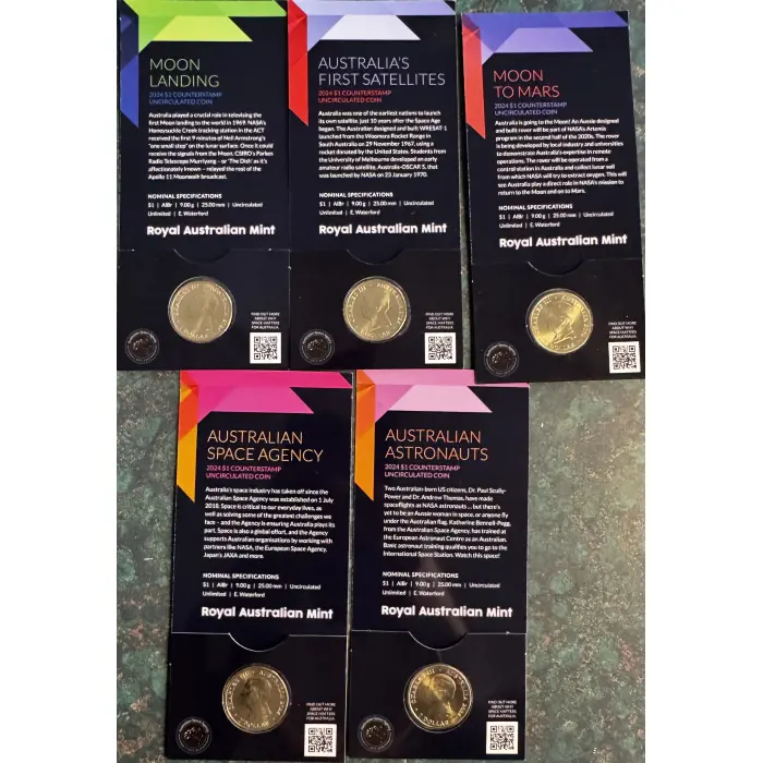  2024 $1 Out of this World A for Adelaide Counterstamp Coin Set of 5 Cards