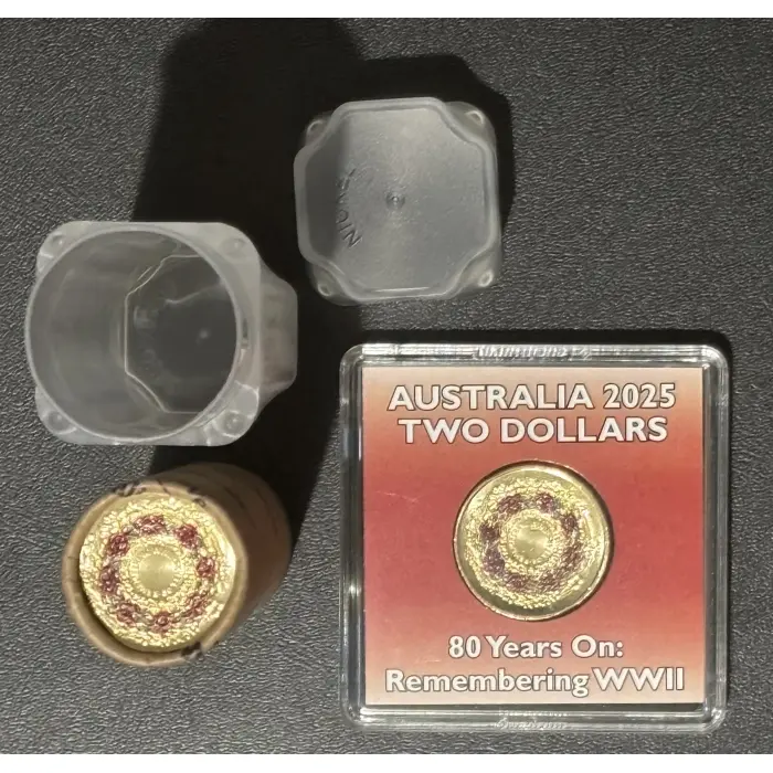 2025  80th ANNIVERSARY END OF WWII POPPY WREATH COIN ROLL and $2 coin in sleeve.