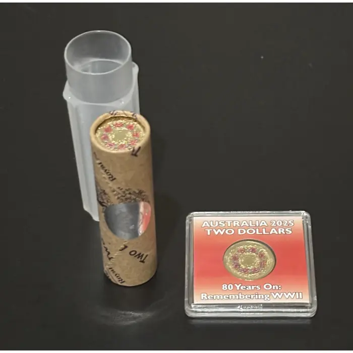 2025  80th ANNIVERSARY END OF WWII POPPY WREATH COIN ROLL and $2 coin in sleeve.