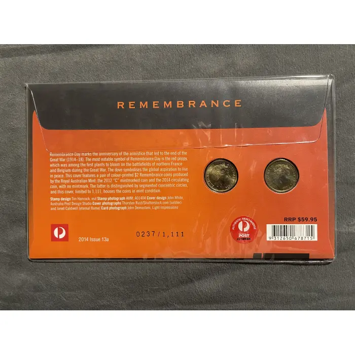 Impressions 2014 Remembrance Day PNC $2 "C" Red Poppy & $2 Green Dove Ltd 1111