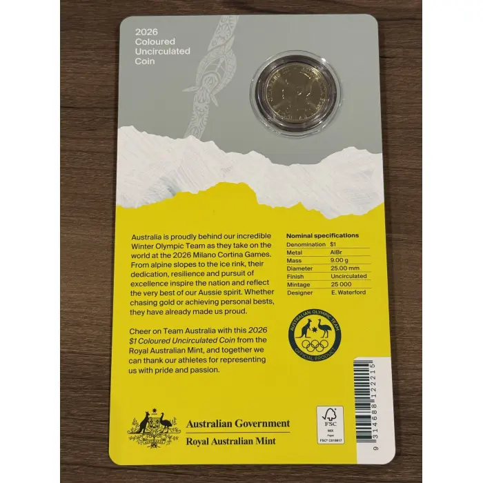 2026 Winter Olympic $1 Coloured Coin on Card