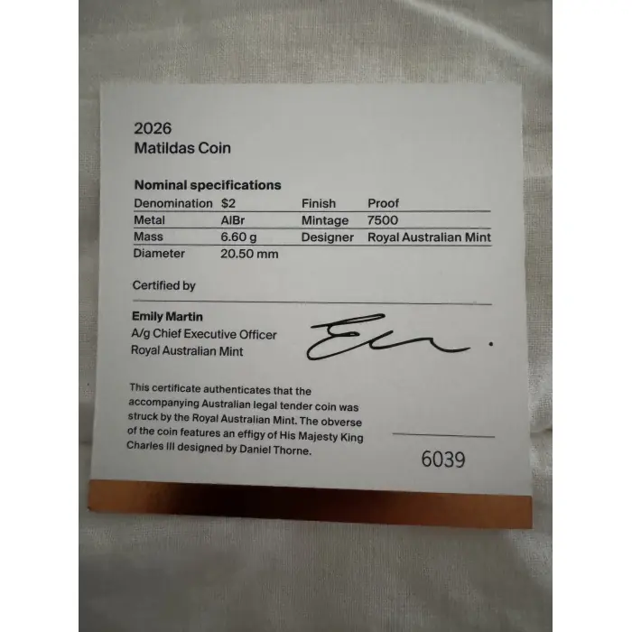 2026 MATILDAS $2 COLOURED PROOF COIN + 2026 $2 “C” uncirculated card