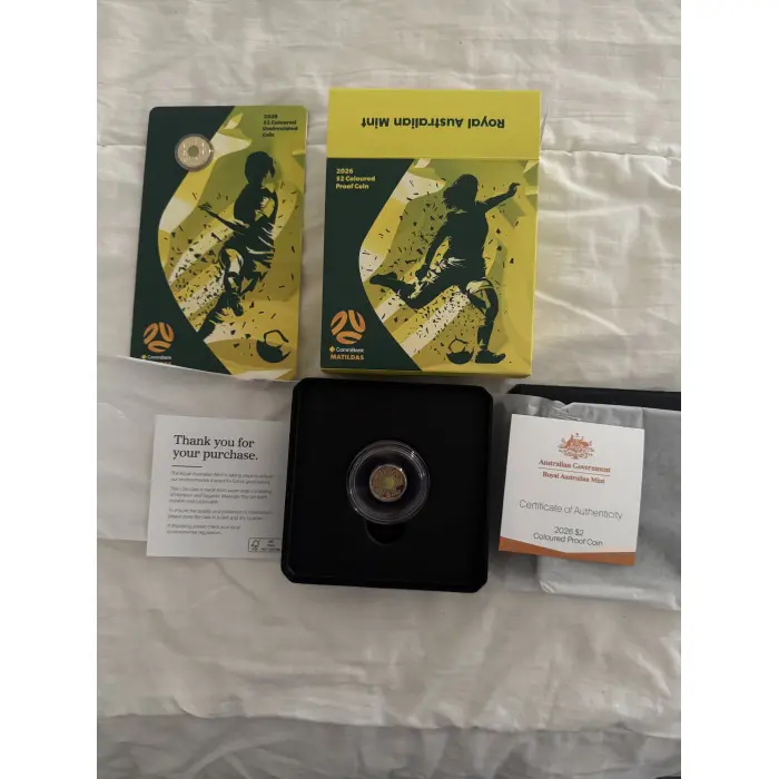2026 MATILDAS $2 COLOURED PROOF COIN + 2026 $2 “C” uncirculated card