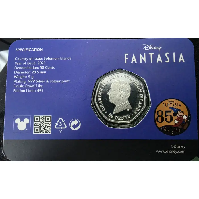 2025 Disney Fantasia 85th Anniversary Coin Solomon Island 50c Mintage  # 499