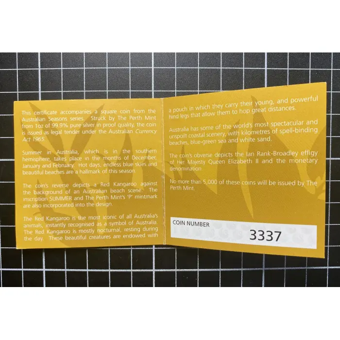 1 Oz 2013 Perth Mint Australian Seasons - Summer $1 Fine Silver Proof square coi