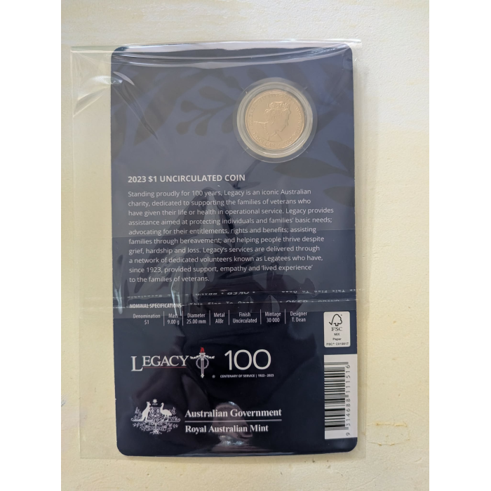 2023 Carded 'Centenary of Legacy' $1 Coin on Card