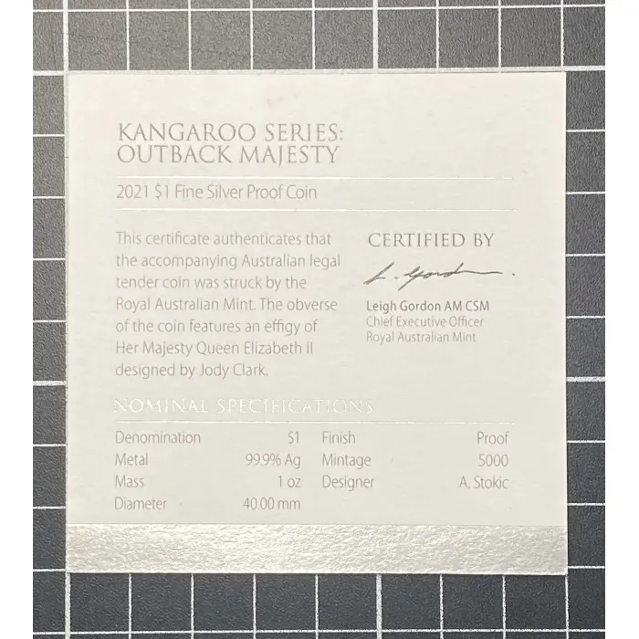 1 Oz 2021 RAM Kangaroo Series - Outback Majesty $1 Fine Silver Proof coin
