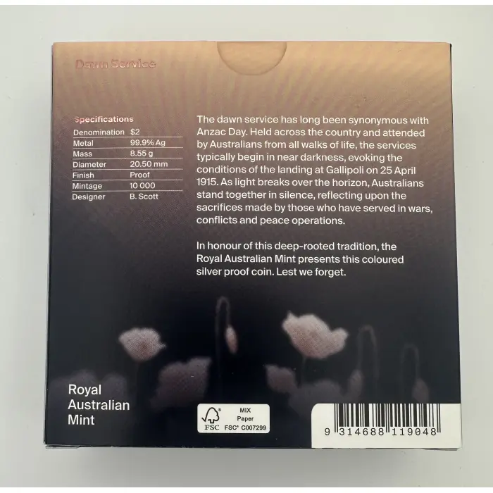 2026 $2 ‘C’ Mintmark Dawn Service Anzac Lest We Forget Silver Proof